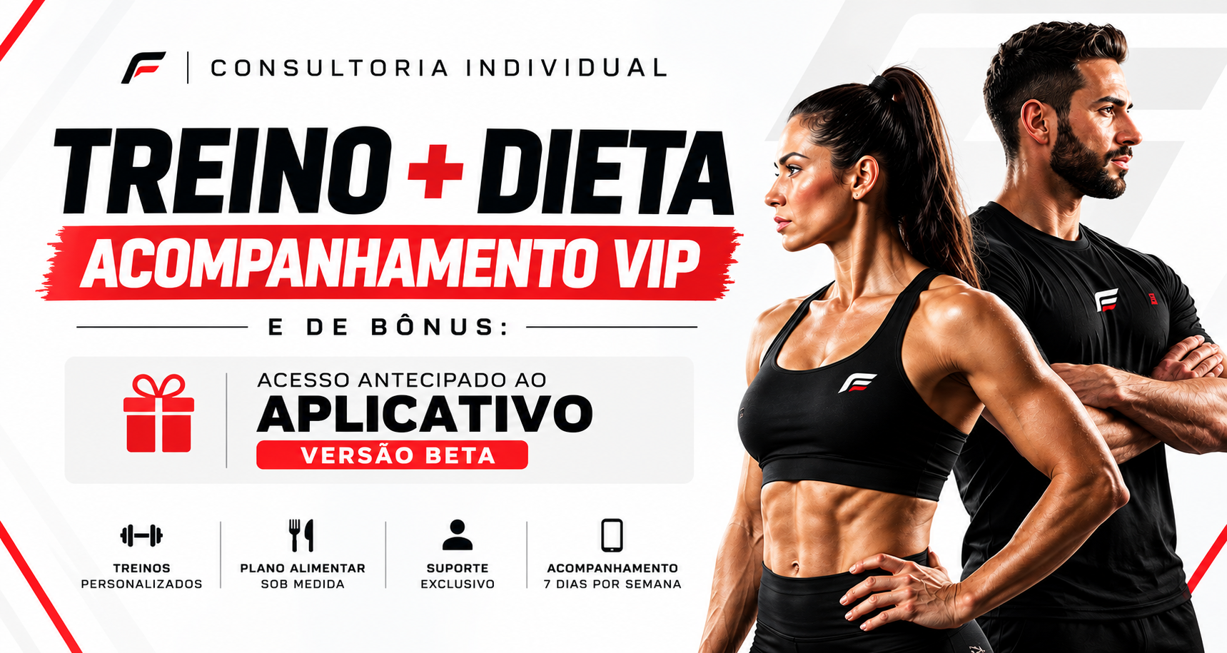 Consultoria individual: treino, dieta e acompanhamento VIP, com bônus de acesso antecipado ao aplicativo em versão beta
